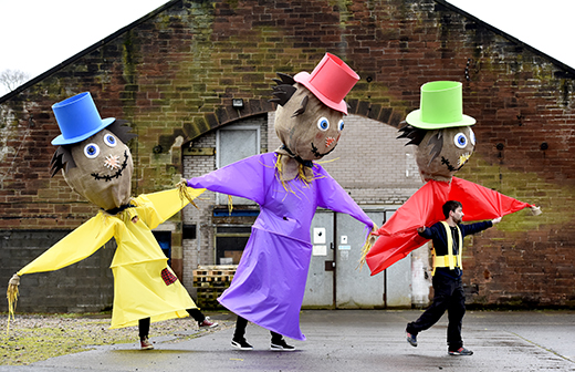 Preparations for the carnival with 'tattie-bogles' [Scottish scarecrows] at Big Burns Supper Festival Carnival 2015