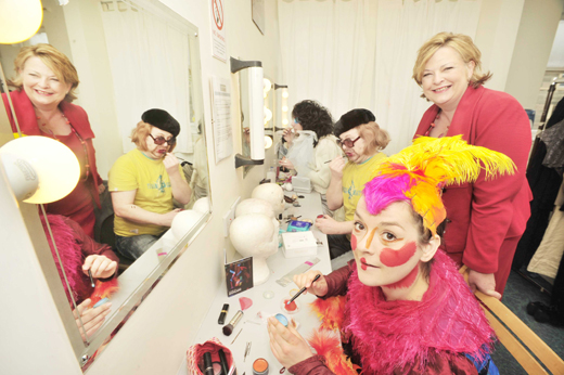 Made In Scotland performers in their dressing room for the arts launch event, as Scottish culture minister Fiona Hyslop pops by