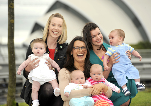 BBC Scotland Weather presenters on maternity leave with their babies - Gail McGrane with Eilidh, Judith Ralston with twins Max and Georgina and Gillian Smart with Michael